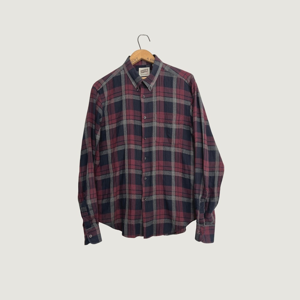 Naked & Famous Mens Plaid Flannel Shirt Large Burgundy Navy Japanese Fabric L